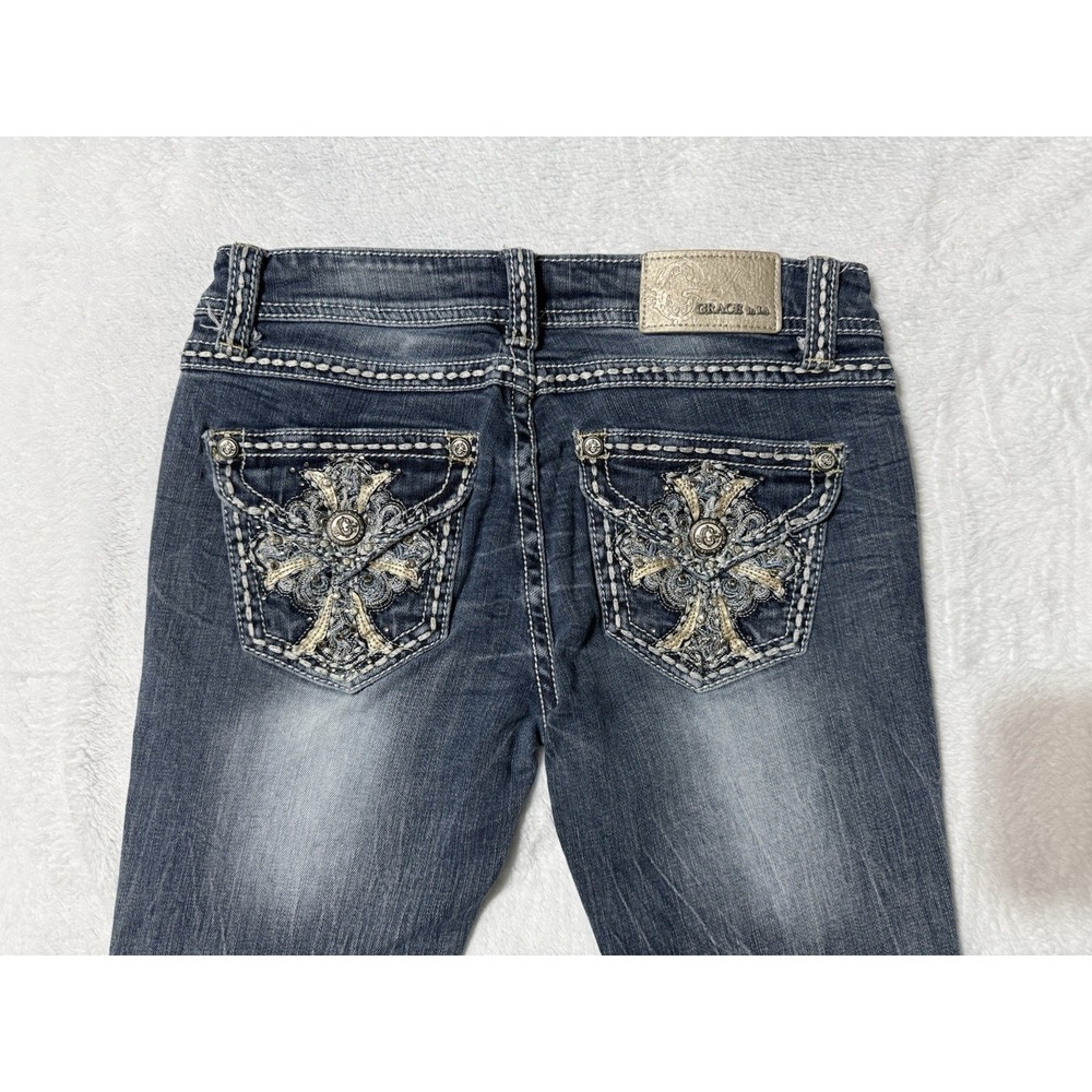 Grace In LA Jeans Womens 27 Blue Embroidered Bling Cross Bootcut Denim 27x31